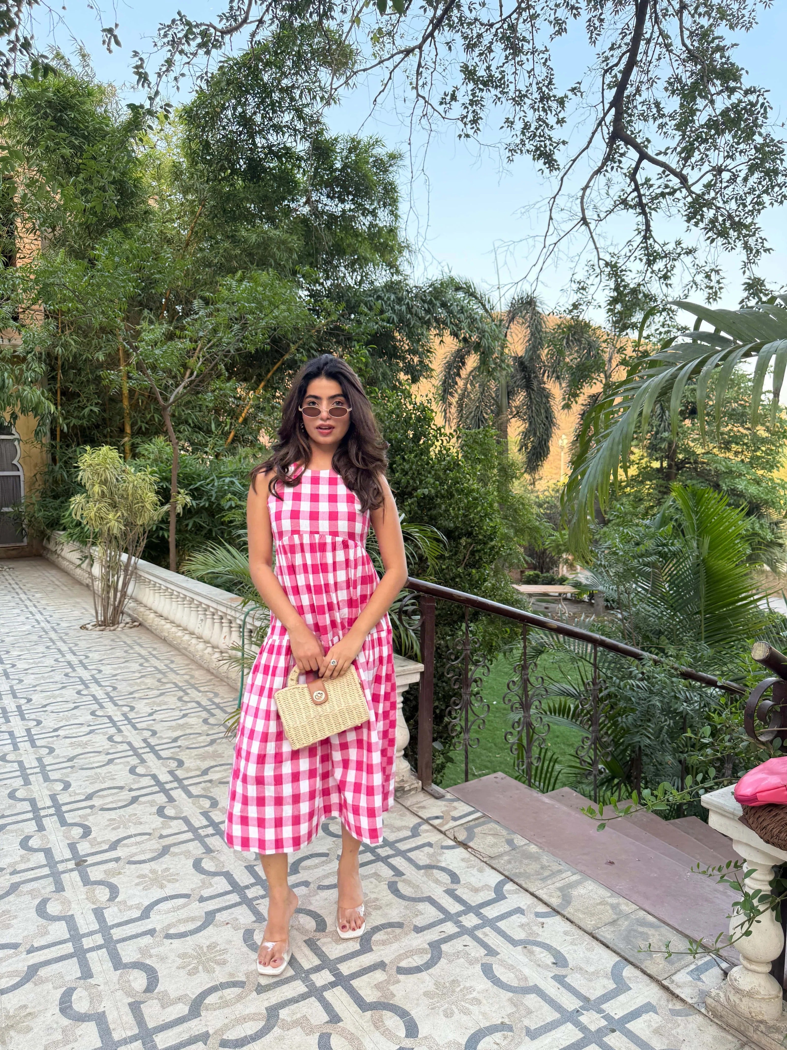 Sugnaa Classic A-Line Gingham Dress - Pink