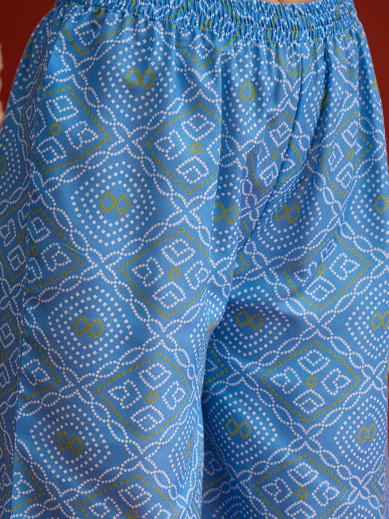 Stylum Women's Blue Bandhej Printed Cotton Straight Kurti Palazzo & Organza Dupatta Set