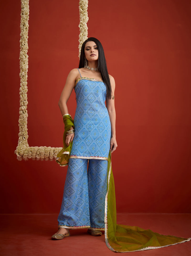 Stylum Women's Blue Bandhej Printed Cotton Straight Kurti Palazzo & Organza Dupatta Set