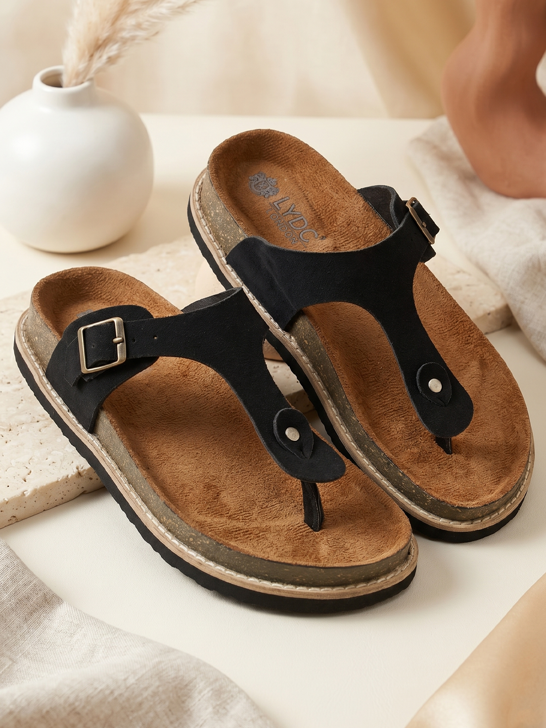 LYDC Black Suede Sandals For Women Welt-Crafted T-Strap Sandals