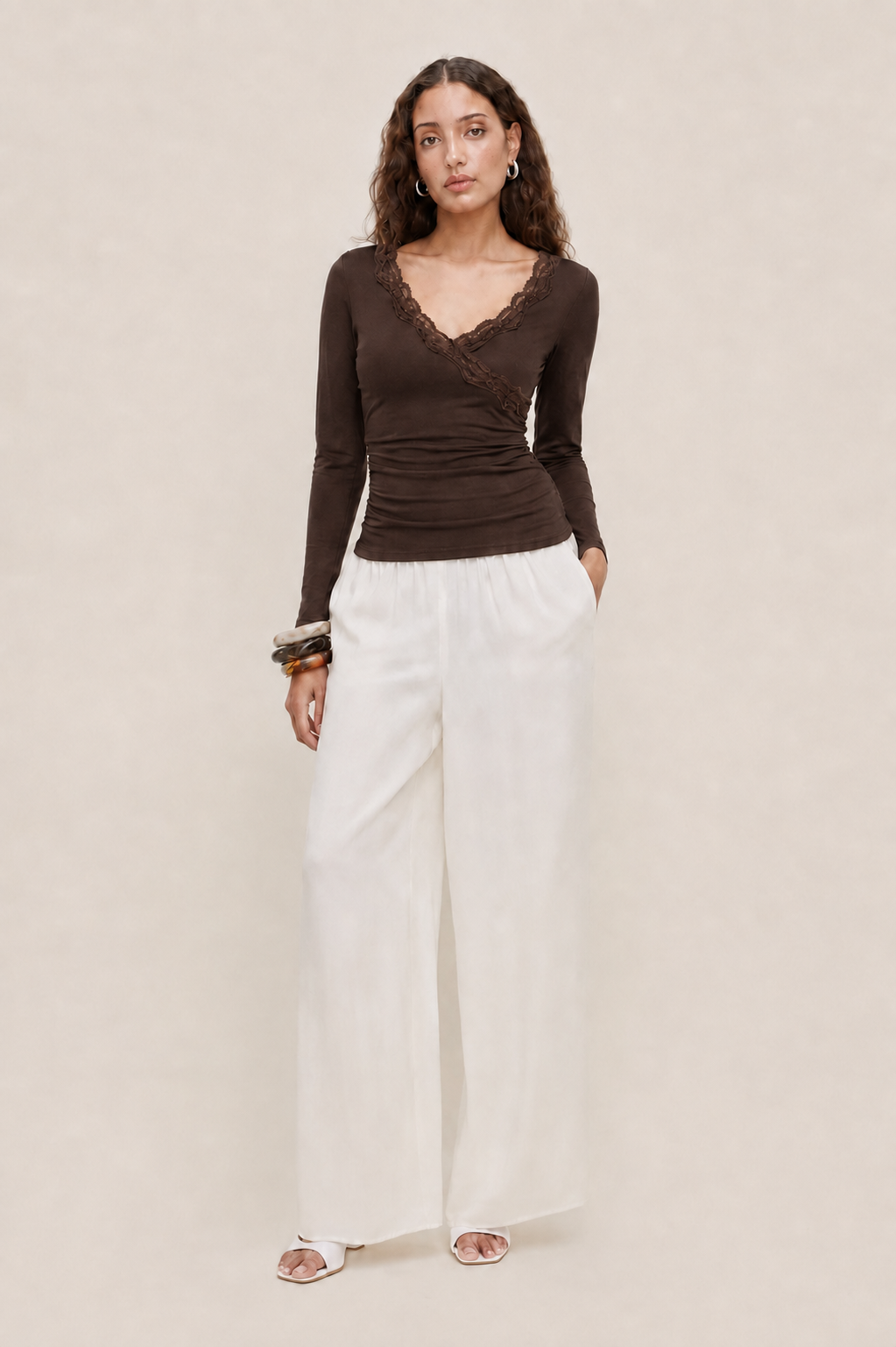Mywishbag V-Neck Solid Lace Trim Ruched Long Sleeve Top - Polyester Blend