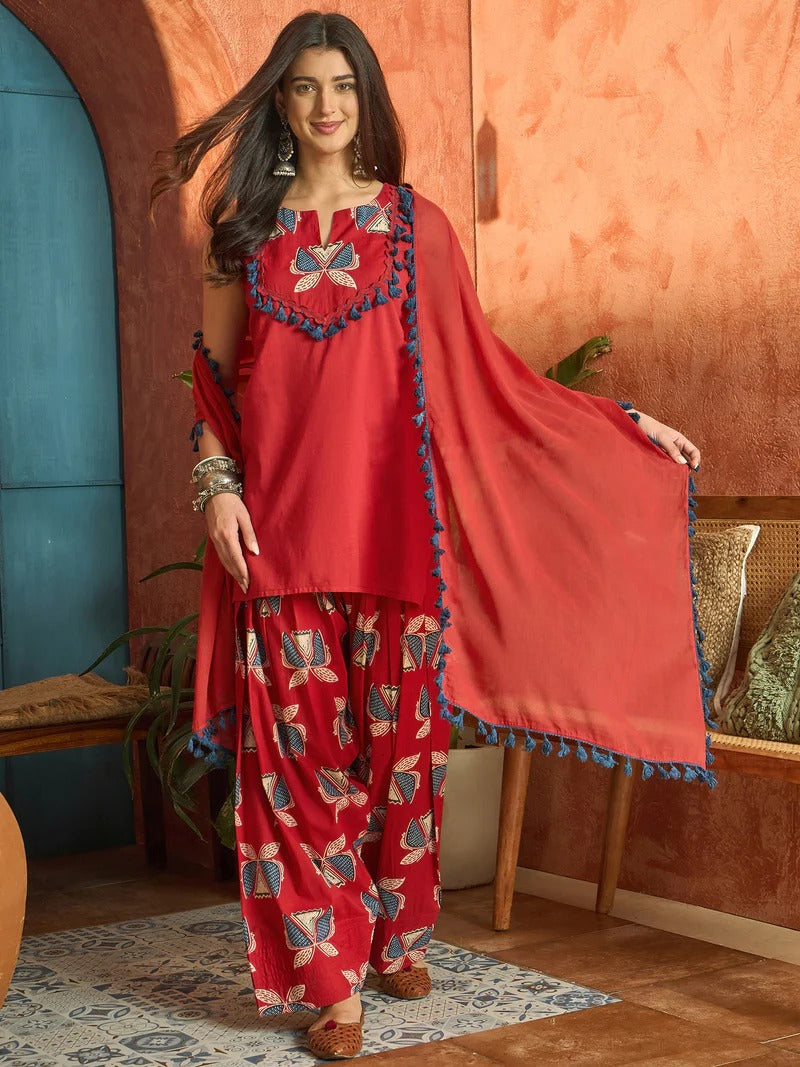 Stylum Women Regular Red Pure Cotton Kurti With Farshi Salwar & Dupatta