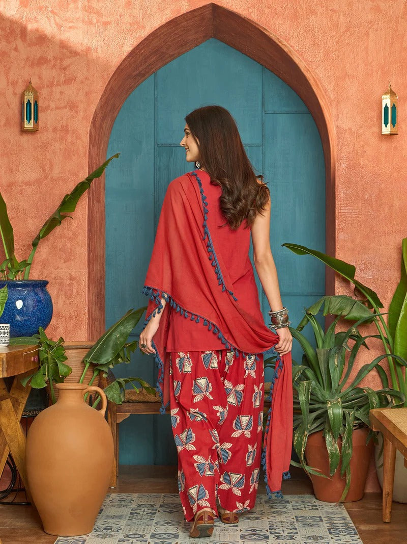 Stylum Women Regular Red Pure Cotton Kurti With Farshi Salwar & Dupatta