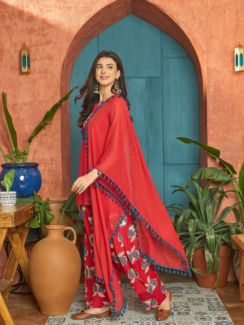 Stylum Women Regular Red Pure Cotton Kurti With Farshi Salwar & Dupatta