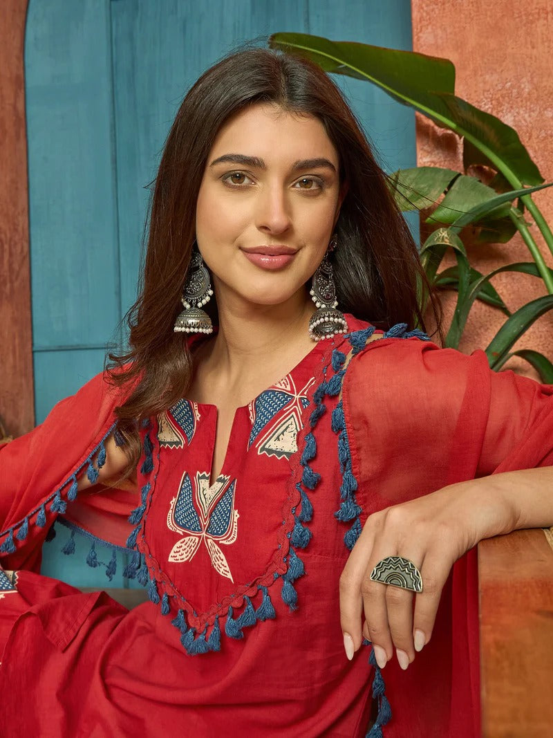 Stylum Women Regular Red Pure Cotton Kurti With Farshi Salwar & Dupatta