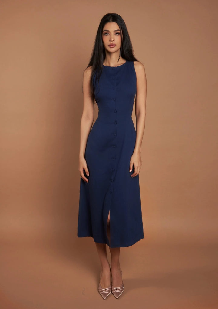 Studio OJS A-line Linen Dress - Navy Blue