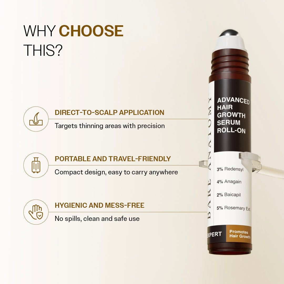 Bare Anatomy Advanced Hair Growth Serum Roll-On with Redensyl, Rosemary & Rice Water- 25 ml