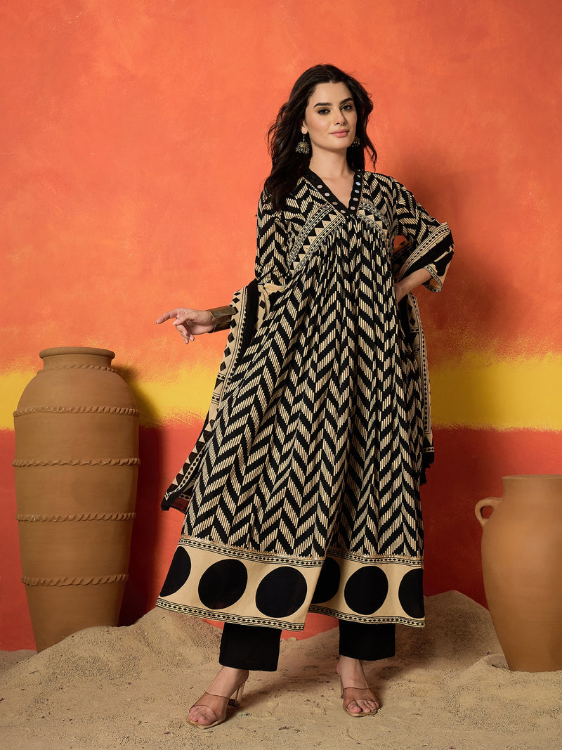 Stylum Women's Black Chevron Printed Cotton Anarkali Kurta Pant Dupatta Set