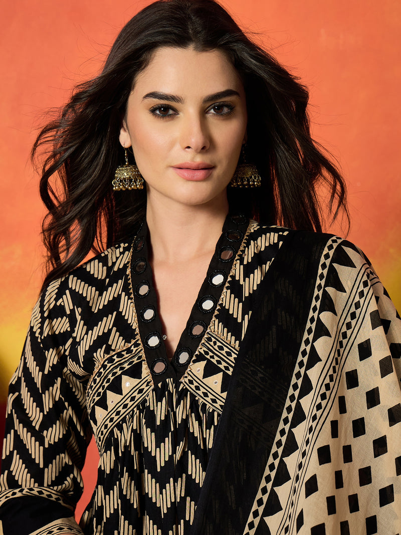 Stylum Women's Black Chevron Printed Cotton Anarkali Kurta Pant Dupatta Set