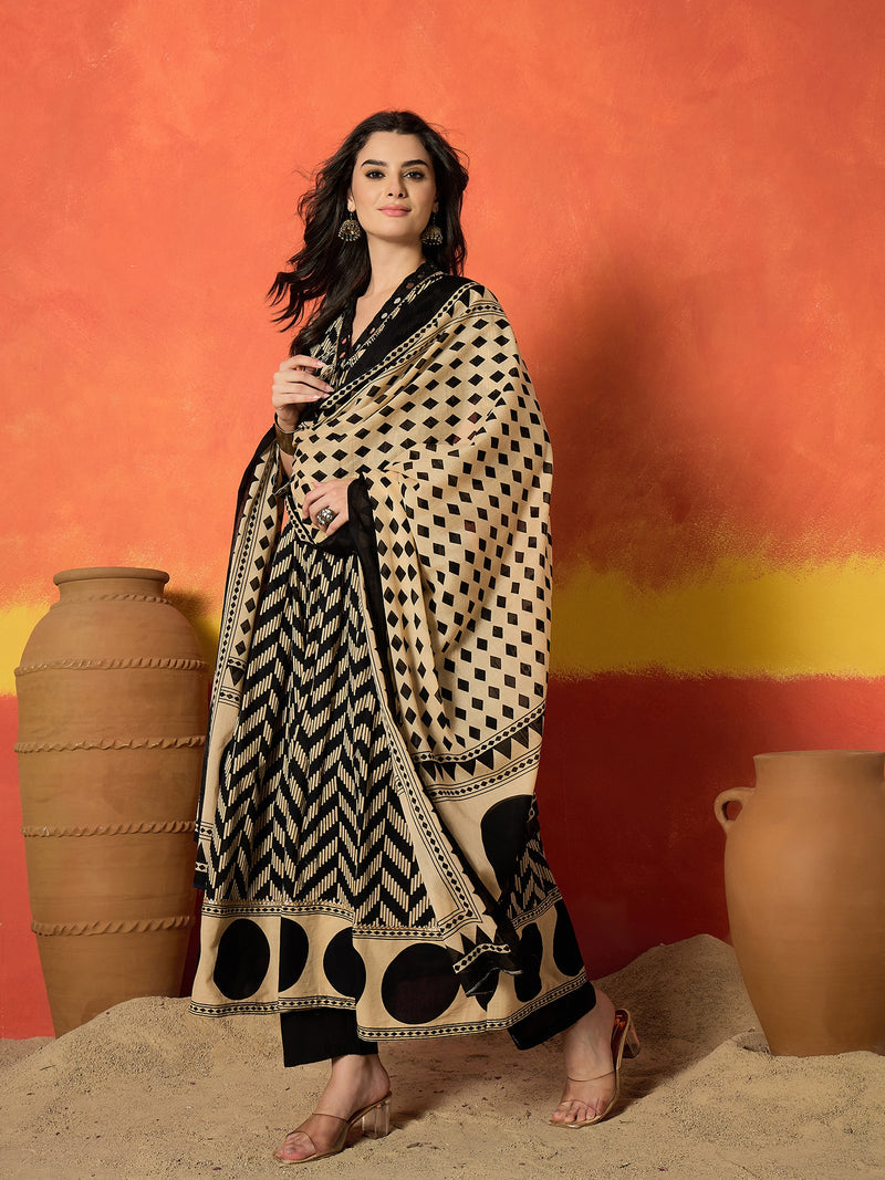 Stylum Women's Black Chevron Printed Cotton Anarkali Kurta Pant Dupatta Set