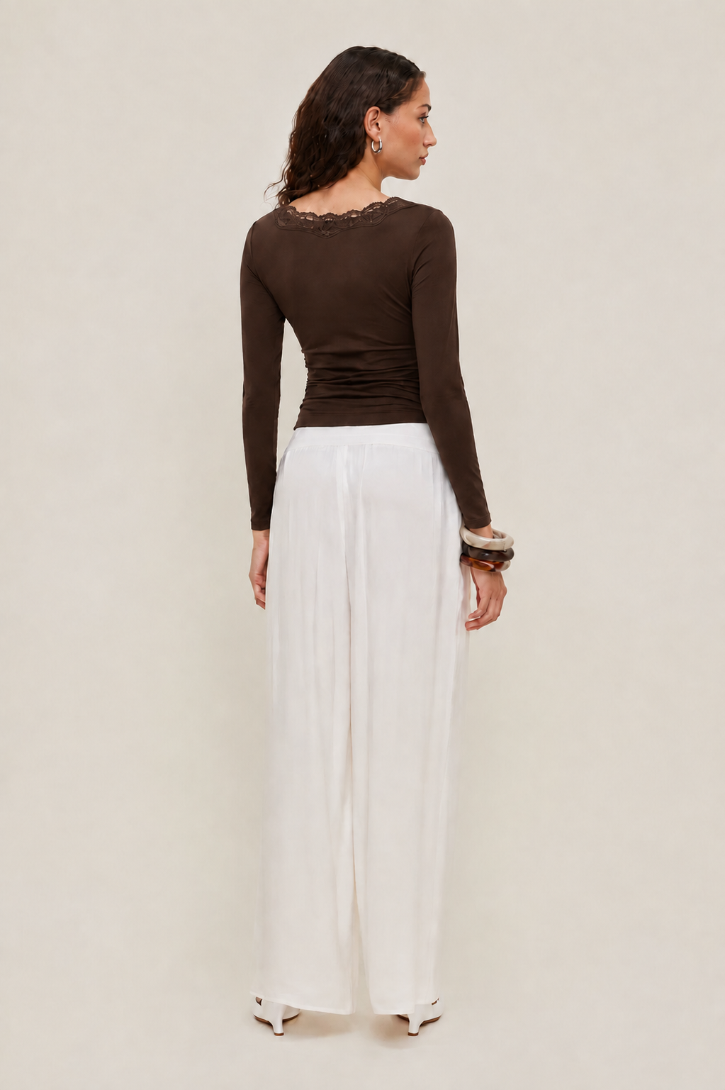 Mywishbag V-Neck Solid Lace Trim Ruched Long Sleeve Top - Polyester Blend