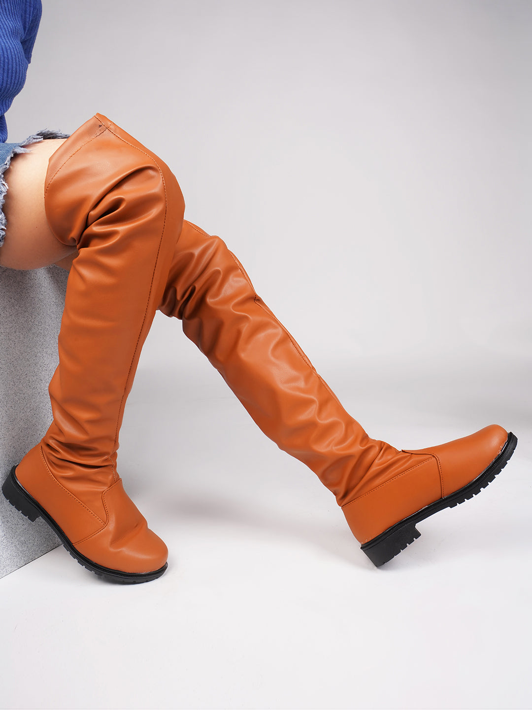 JM Looks Faux Leather Over The Knee Long Boots for Women Flat