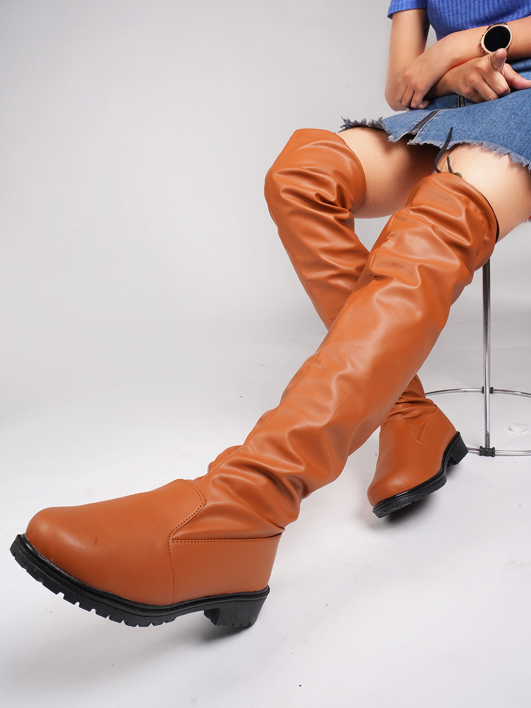 JM Looks Faux Leather Over The Knee Long Boots for Women Flat