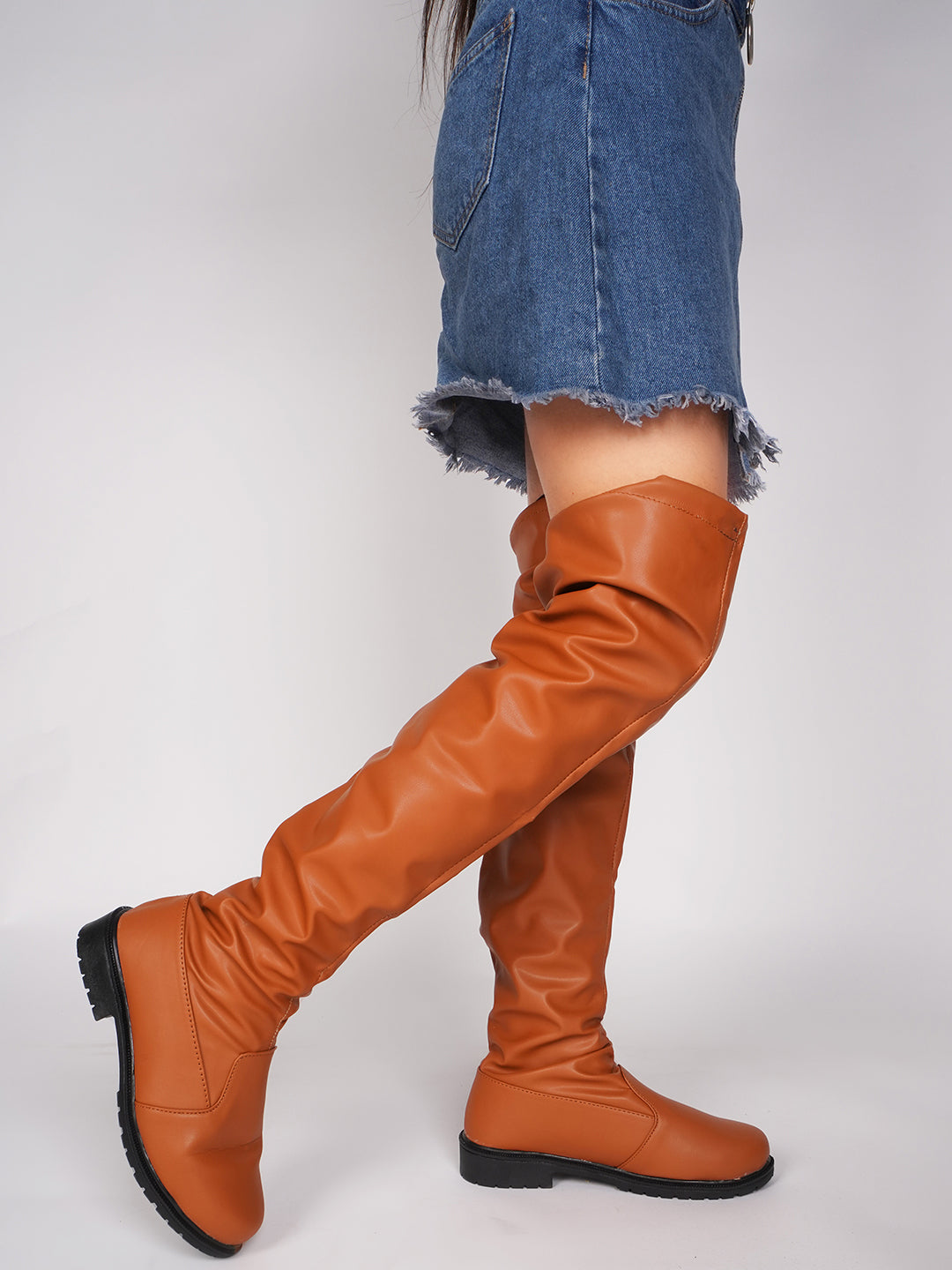 JM Looks Faux Leather Over The Knee Long Boots for Women Flat