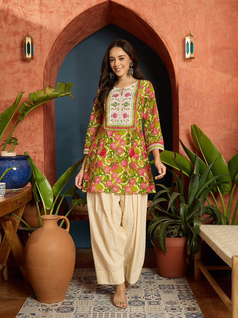 Stylum Women's Green Floral Printed & Embroidered Cotton A-Line Short Kurti With Farshi Salwar