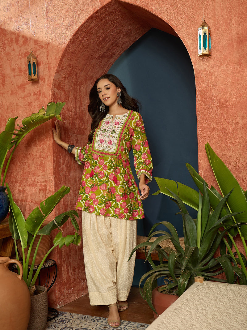 Stylum Women's Green Floral Printed & Embroidered Cotton A-Line Short Kurti With Farshi Salwar