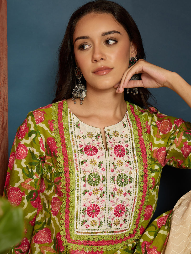 Stylum Women's Green Floral Printed & Embroidered Cotton A-Line Short Kurti With Farshi Salwar