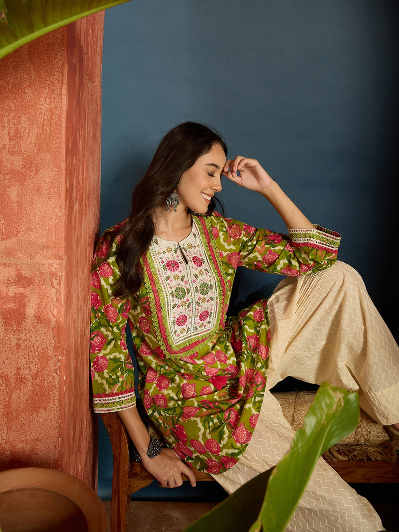 Stylum Women's Green Floral Printed & Embroidered Cotton A-Line Short Kurti With Farshi Salwar