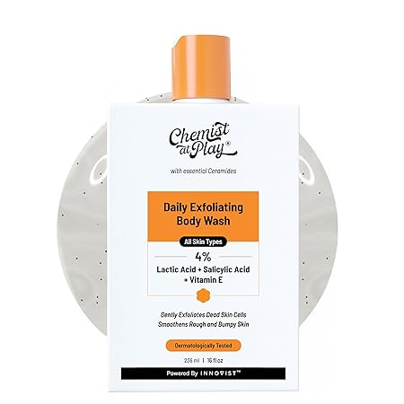 Chemist At Play Exfoliating Body Wash 236ml | 4% (Salicylic Acid, Vitamin E and Lactic Acid) | Paraben & SLS Free | Gentle Exfoliating Shower Gel | Removes Tan| Prevents Dry, Rough, Bumpy Skin | Men & Women