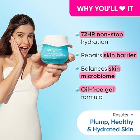 DOT & KEY 72Hr Hydrating Gel + Probiotics Moisturizer For Face With Hyaluronic Acid, Kombucha & Rice Water Lightweight Gel Oil Free Moisturizer | For Oily, Dull & Uneven Skin Tone I For All Skin Types | 60Ml