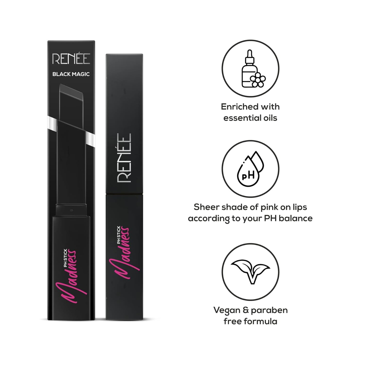 RENEE Madness Ph Lipstick 3gm - Black Lipstick With Glossy Pink Payoff - Long Lasting Nourishment, Enriched With Vitamin E & Jojoba Oil - Vegan & Paraben Free