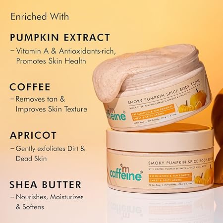 mCaffeine Smoky Pumpkin Spice Body Scrub for Glowing Skin| Coffee, Pumpkin Extracts, Apricot & Shea Butter | Exfoliate, Remove Tan, Nourish, Moisturize | Sweet & Spicy Aroma for Men & Women - 175g