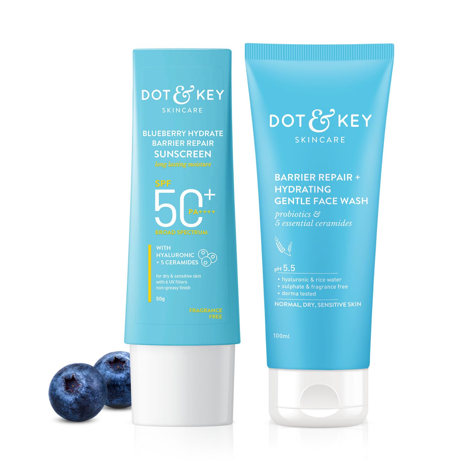 Dot & Key Barrier Repair + Hydrating Gentle Face Wash 100ml & Dot & Key Blueberry Hydrate Barrier Repair Sunscreen SPF 50+ PA++++ 50g | Skin Care Combo | For Dry & Sensitive Skin | For Women & Men