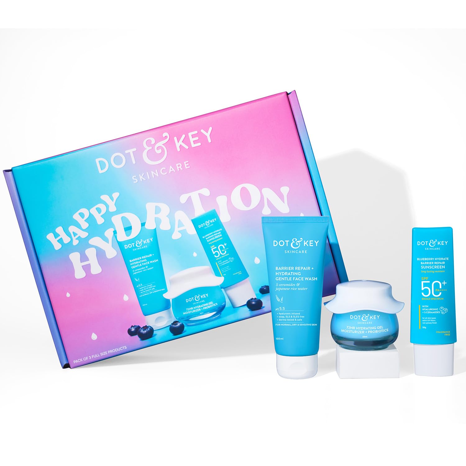 Dot & Key Hydration Essentials | Premium Facial Gift Set for Women & Men | All Skin Types | Pack of 3 | Cleanser, Sunscreen & Moisturizer | Gift For Her & Him | Premium Packaging