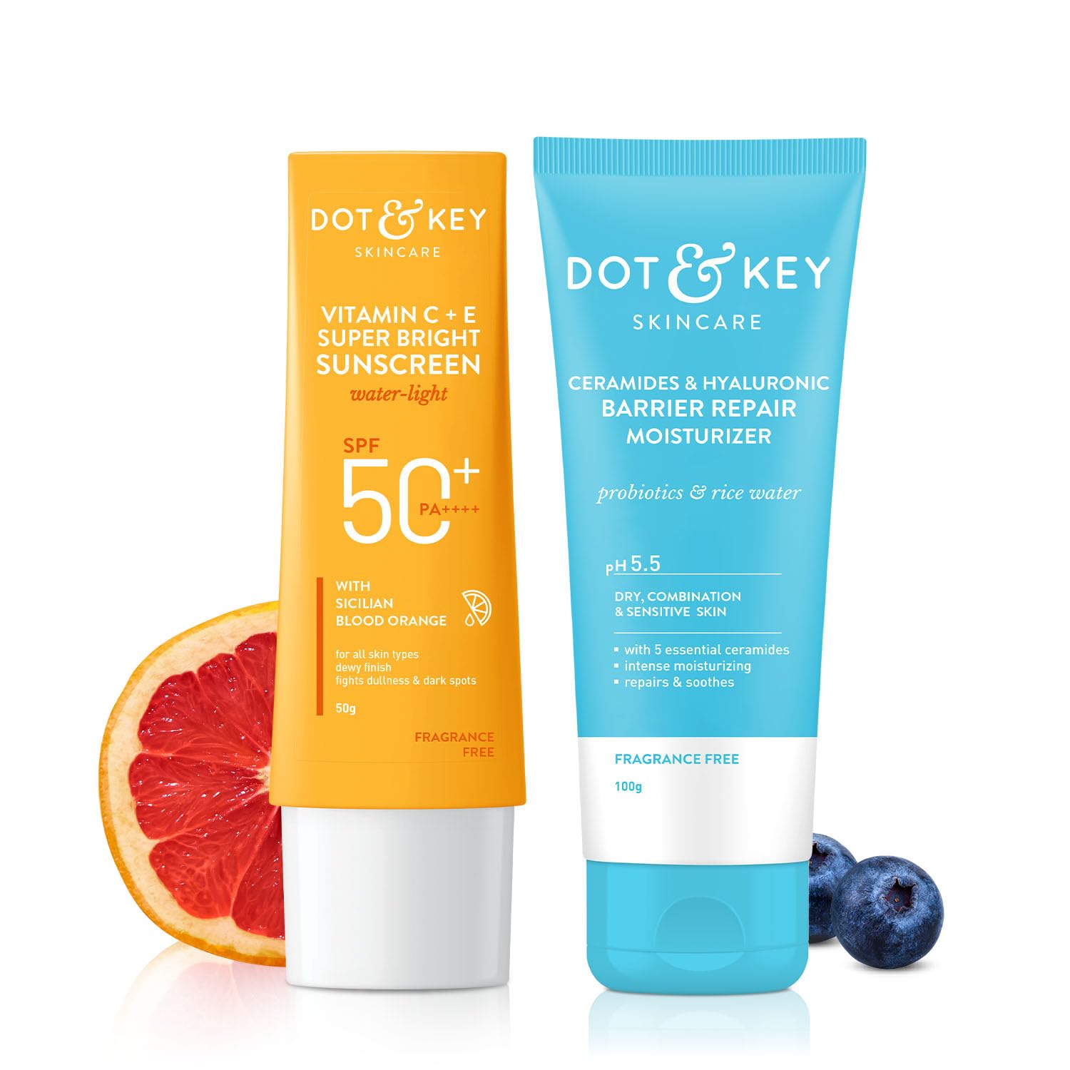 DOT & KEY Ceramides & Hyaluronic Skin Barrier Repair + Face Cream For Dry Skin-100G & Vitamin C+E Super Bright Sunscreen Spf 50 Pa+++ - 50G | For Men & Women, 1 Count