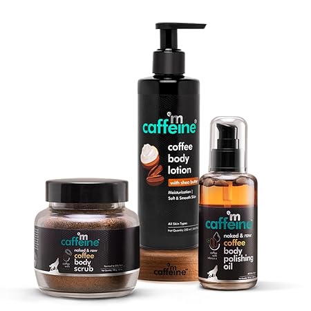 mCaffeine Body Toning & Polishing Kit with Coffee Body Massage Oil, Exfoliating Body Scrub & Moisturizing Body Lotion | 3 Step Body Care Routine for Men & Women and All Skin Types