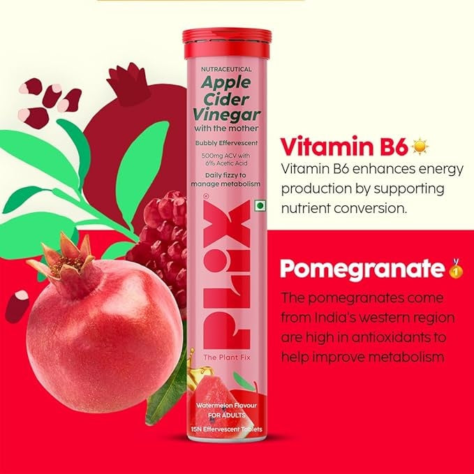 Plix ACV Effervescent Tablets - 15 (Juicy Watermelon, Pack of 4)