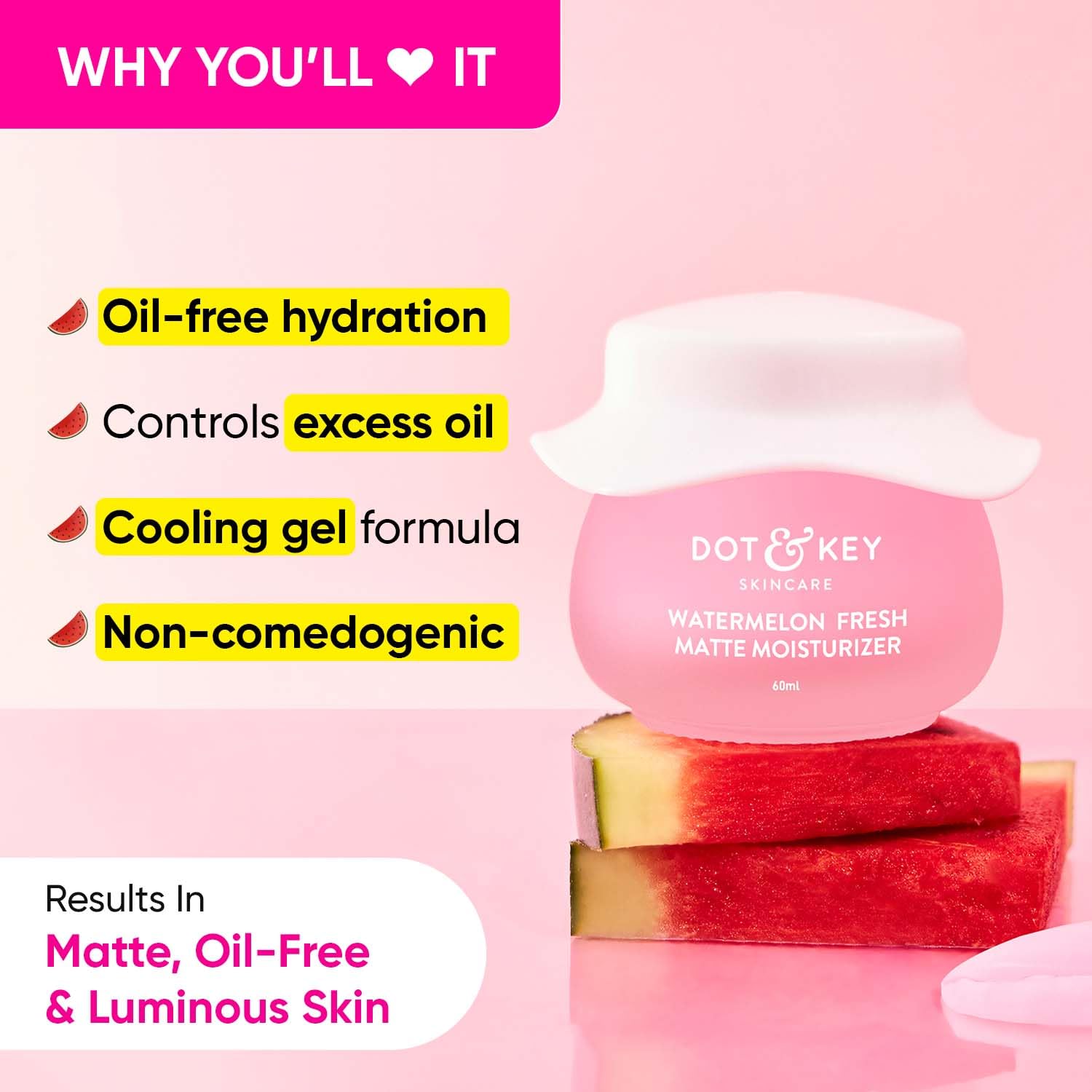 DOT & KEY Watermelon Superglow Matte Oil Free Moisturizer For Face With Watermelon Extracts | Lightweight Gel, Controls Excess Oil, Hydrates & Plumps Skin, With Glycolic Acid For Oily Skin | 60Ml