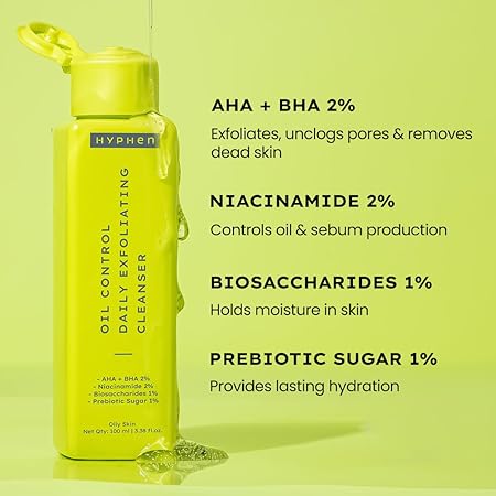 Hyphen Oil Control 2% AHA + BHA, Salicylic Acid Face Wash for Oily Skin & Acne| Daily Exfoliating Cleanser with 2% Niacinamide | Deep Cleanses & Removes Dirt | For Men & Women - 100 ml