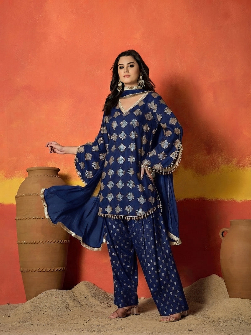 Stylum Women's Gold Printed Rayon A-Line Kurti Farshi Salwar With Dupatta