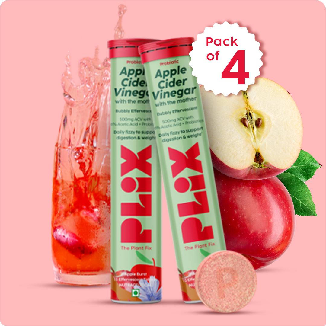 Plix Probiotics + ACV Effervescent Tablets- 15 (Apple, Pack of 4)