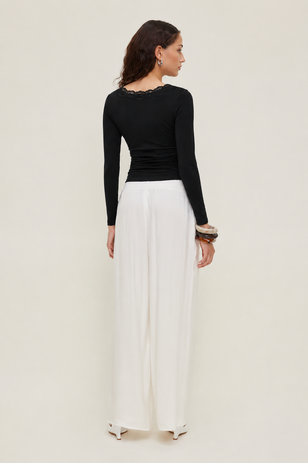 Mywishbag V-Neck Solid Lace Trim Ruched Long Sleeve Top - Polyester Blend