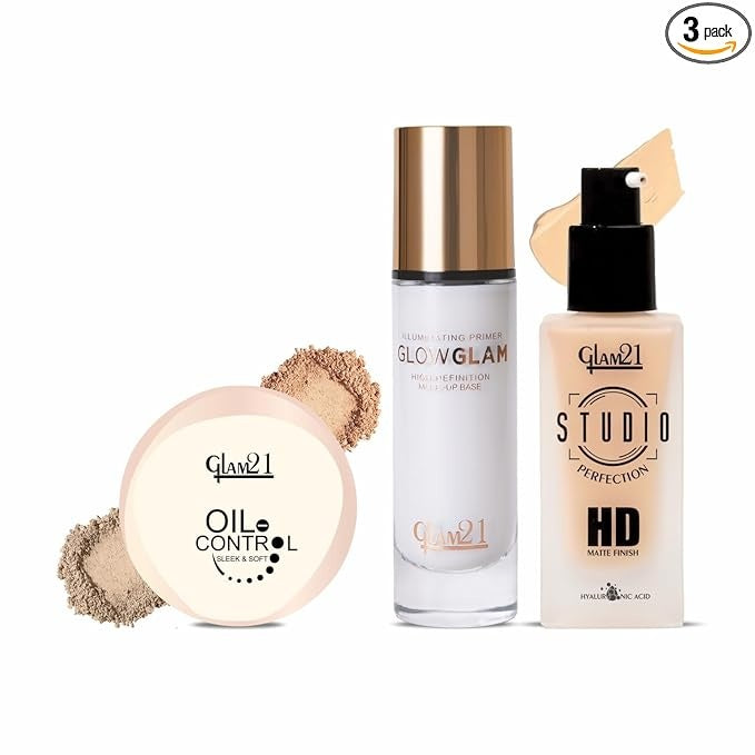 Glam21 Compact Powder + HD Primer + Silk Foundation Combo