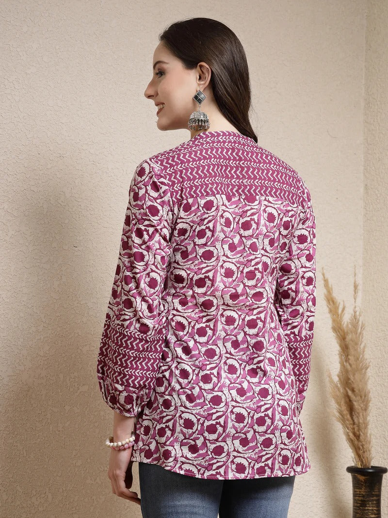 Stylum Print Mandarin Collar Pure Cotton Top