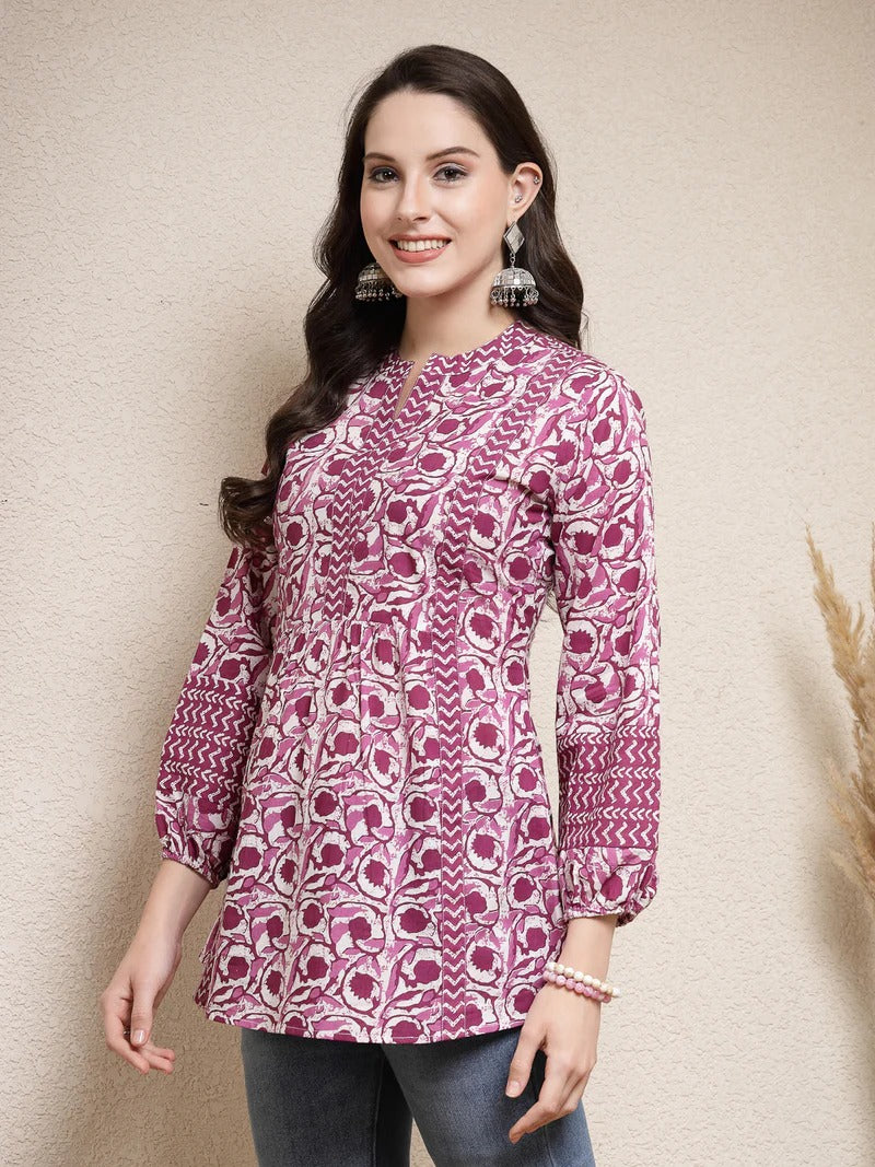 Stylum Print Mandarin Collar Pure Cotton Top