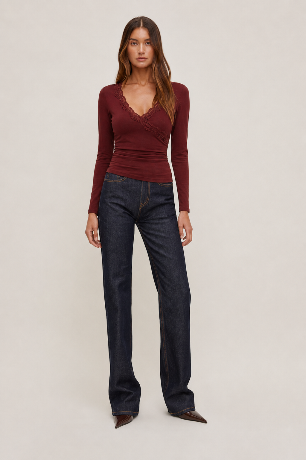 Mywishbag V-Neck Solid Lace Trim Ruched Long Sleeve Top - Polyester Blend
