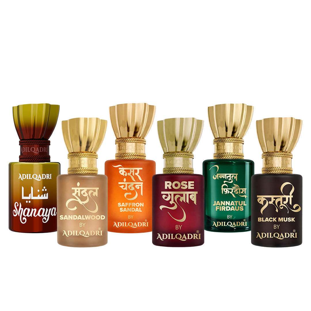 Pack of 6 Shanaya, Sandal (Chandan), Kesar chandan, Rose, Jannatul Firdaus, Kasturi Musk Attar 5.5 Ml Each