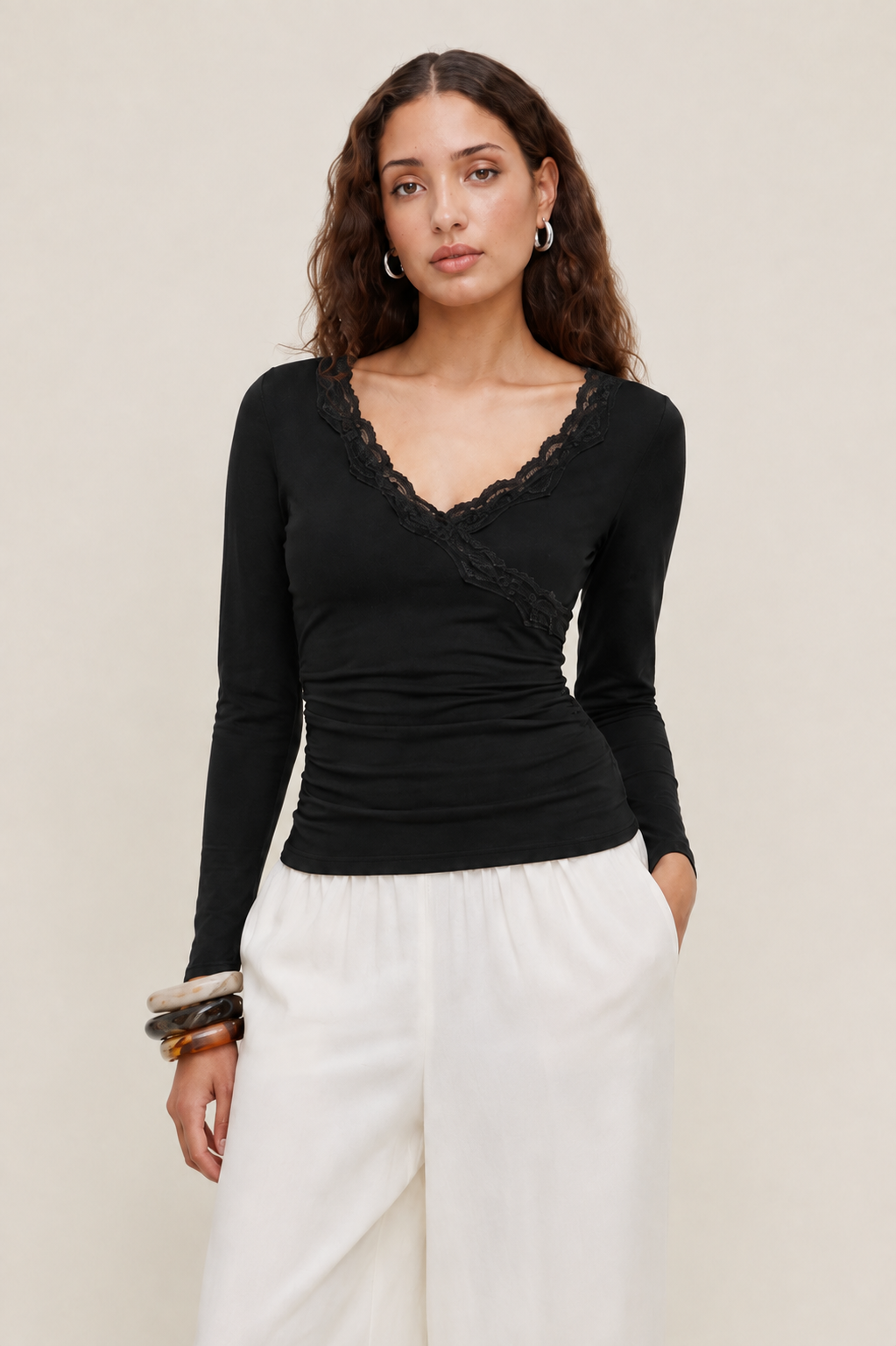 Mywishbag V-Neck Solid Lace Trim Ruched Long Sleeve Top - Polyester Blend
