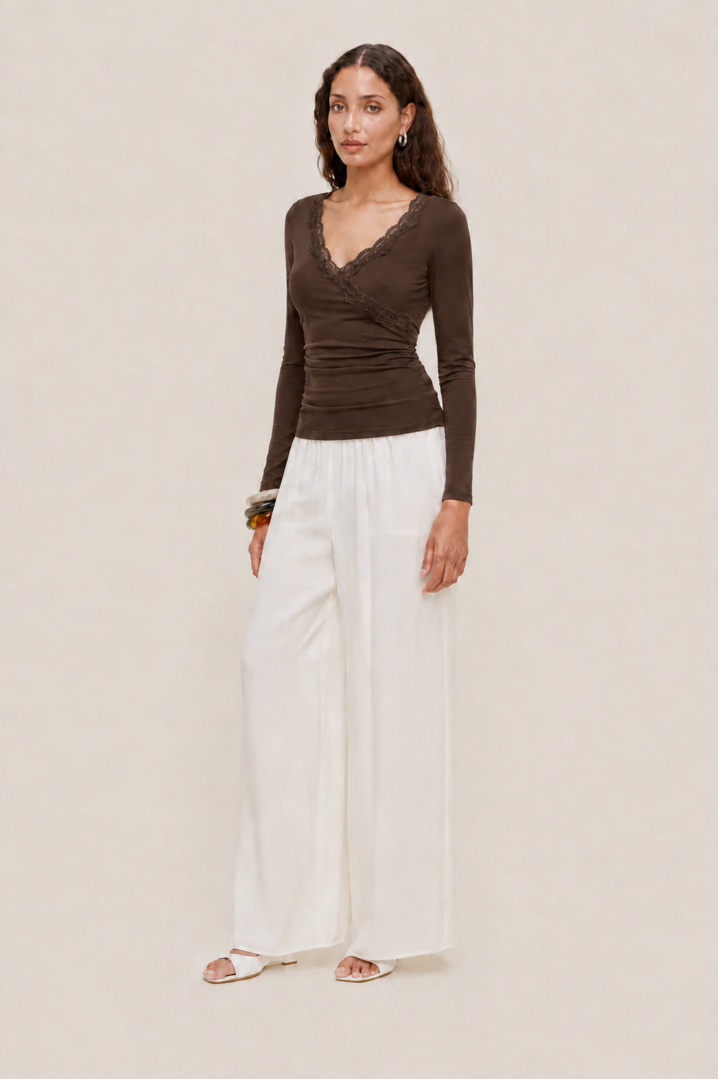 Mywishbag V-Neck Solid Lace Trim Ruched Long Sleeve Top - Polyester Blend