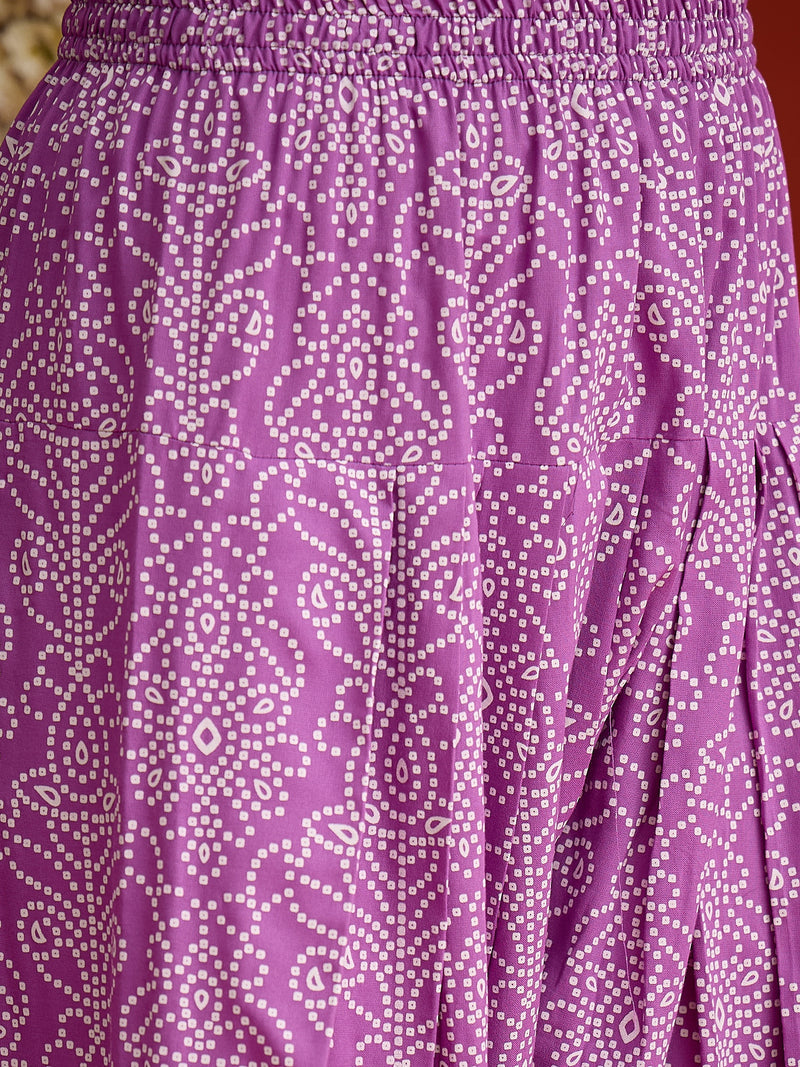 Stylum Women's Purple Bandhej Printed & Embroidered Rayon A-Line Short Kurti Farshi Salwar Dupatta Set