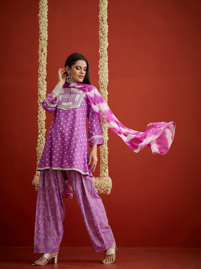 Stylum Women's Purple Bandhej Printed & Embroidered Rayon A-Line Short Kurti Farshi Salwar Dupatta Set