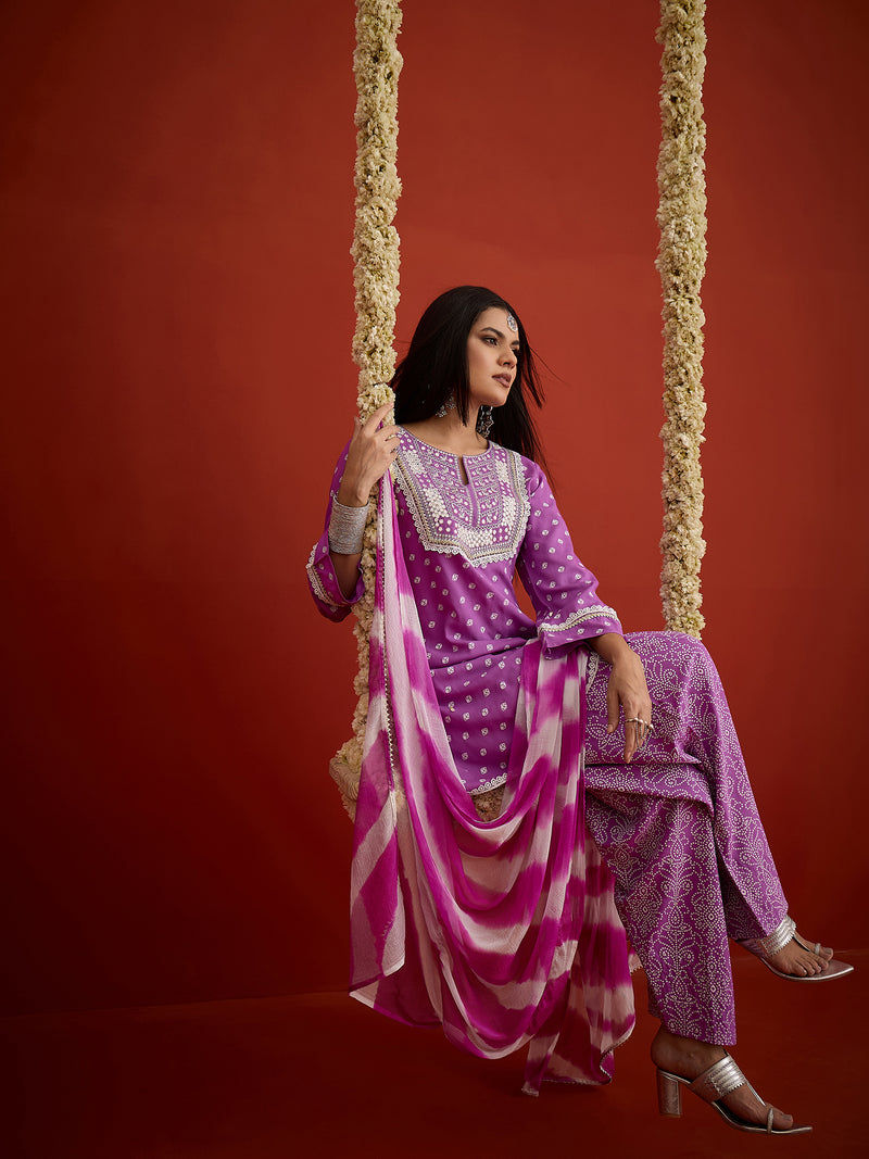 Stylum Women's Purple Bandhej Printed & Embroidered Rayon A-Line Short Kurti Farshi Salwar Dupatta Set