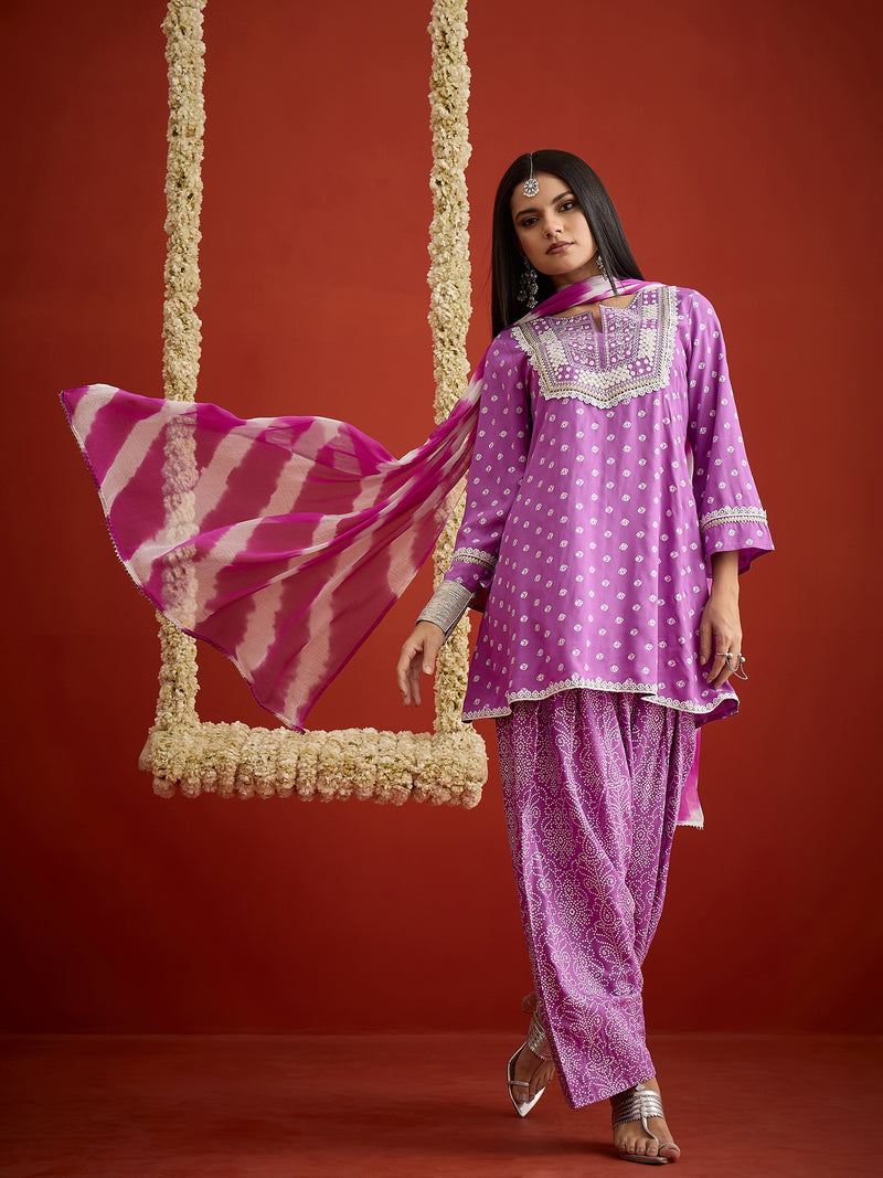 Stylum Women's Purple Bandhej Printed & Embroidered Rayon A-Line Short Kurti Farshi Salwar Dupatta Set
