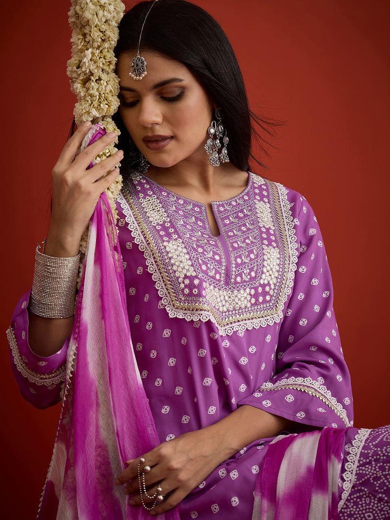 Stylum Women's Purple Bandhej Printed & Embroidered Rayon A-Line Short Kurti Farshi Salwar Dupatta Set