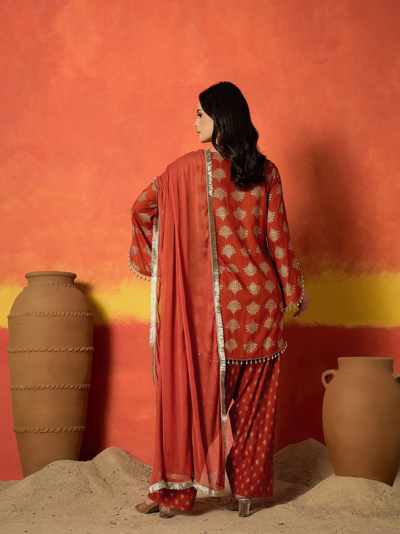 Stylum Women's Gold Printed Rayon A-Line Kurti Farshi Salwar With Dupatta