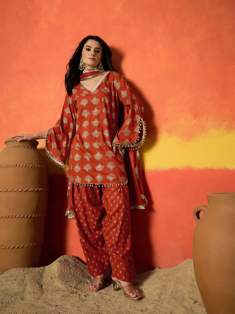 Stylum Women's Gold Printed Rayon A-Line Kurti Farshi Salwar With Dupatta